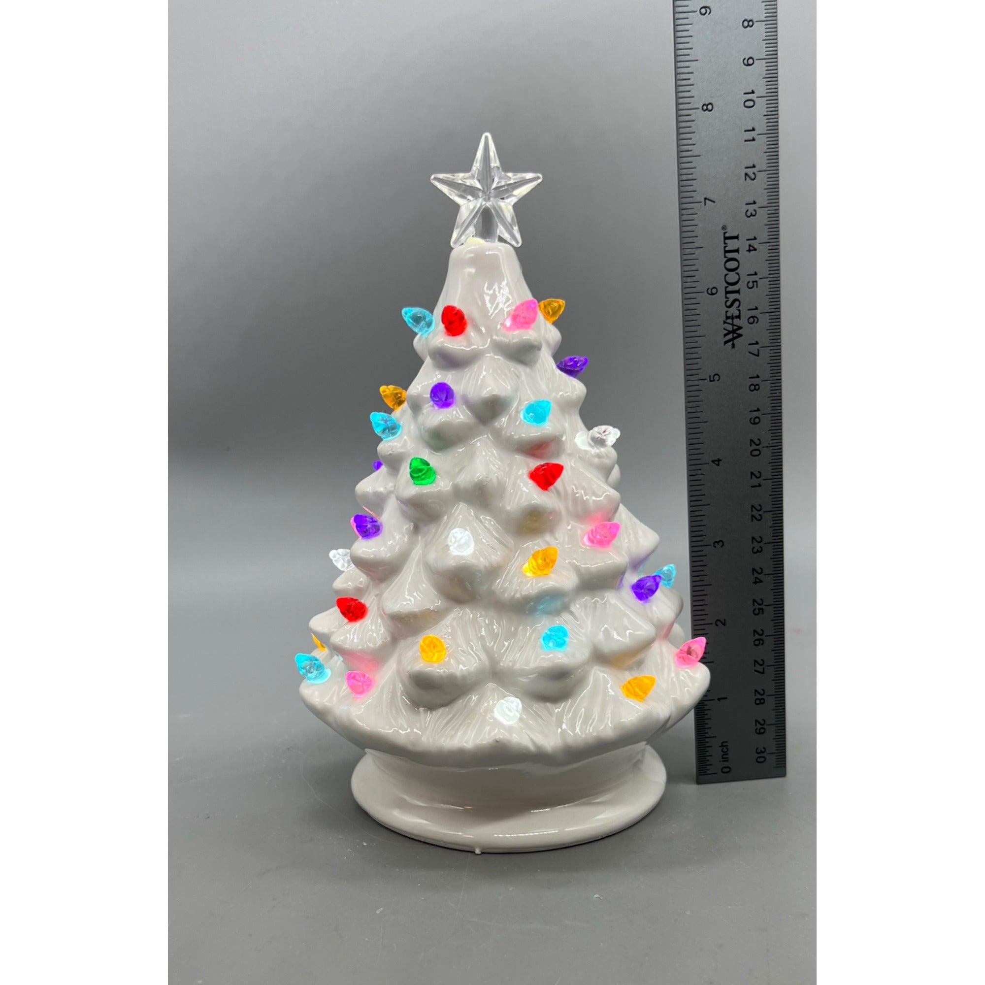 Vintage-Inspired White Ceramic Christmas Tree With Multicolor Lights & Clear Star Top - 8 Inches Tall