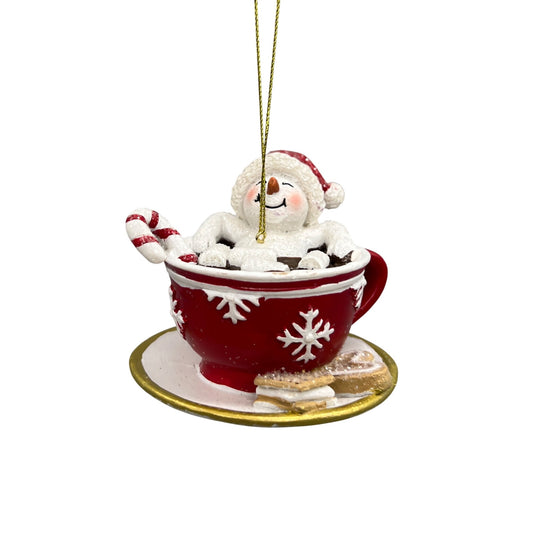 Snowman Hot Cocoa Ornament In Red Teacup With Candy Cane & Snowflake Design 3.5" Hanging Decoration