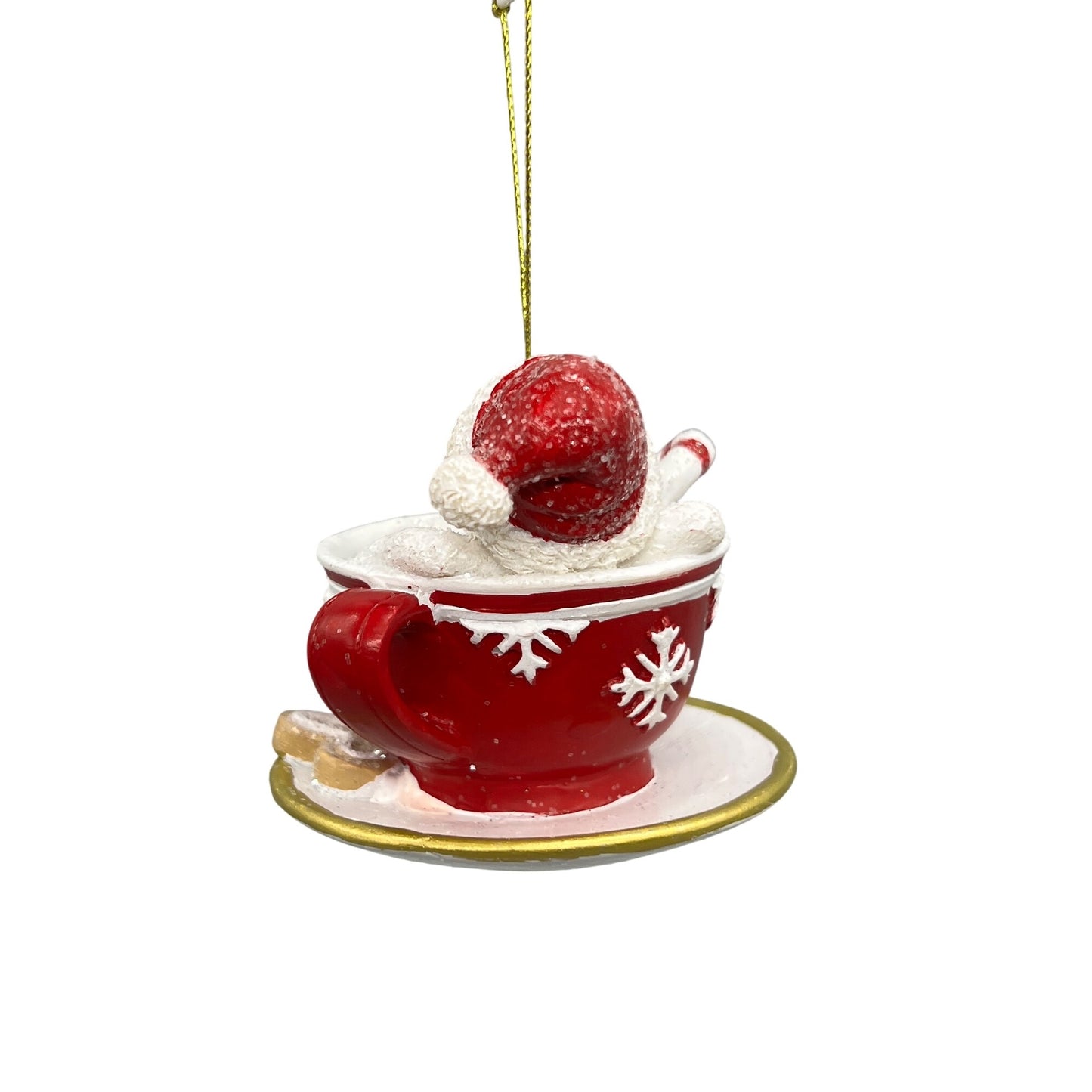 Snowman Hot Cocoa Ornament In Red Teacup With Candy Cane & Snowflake Design 3.5" Hanging Decoration