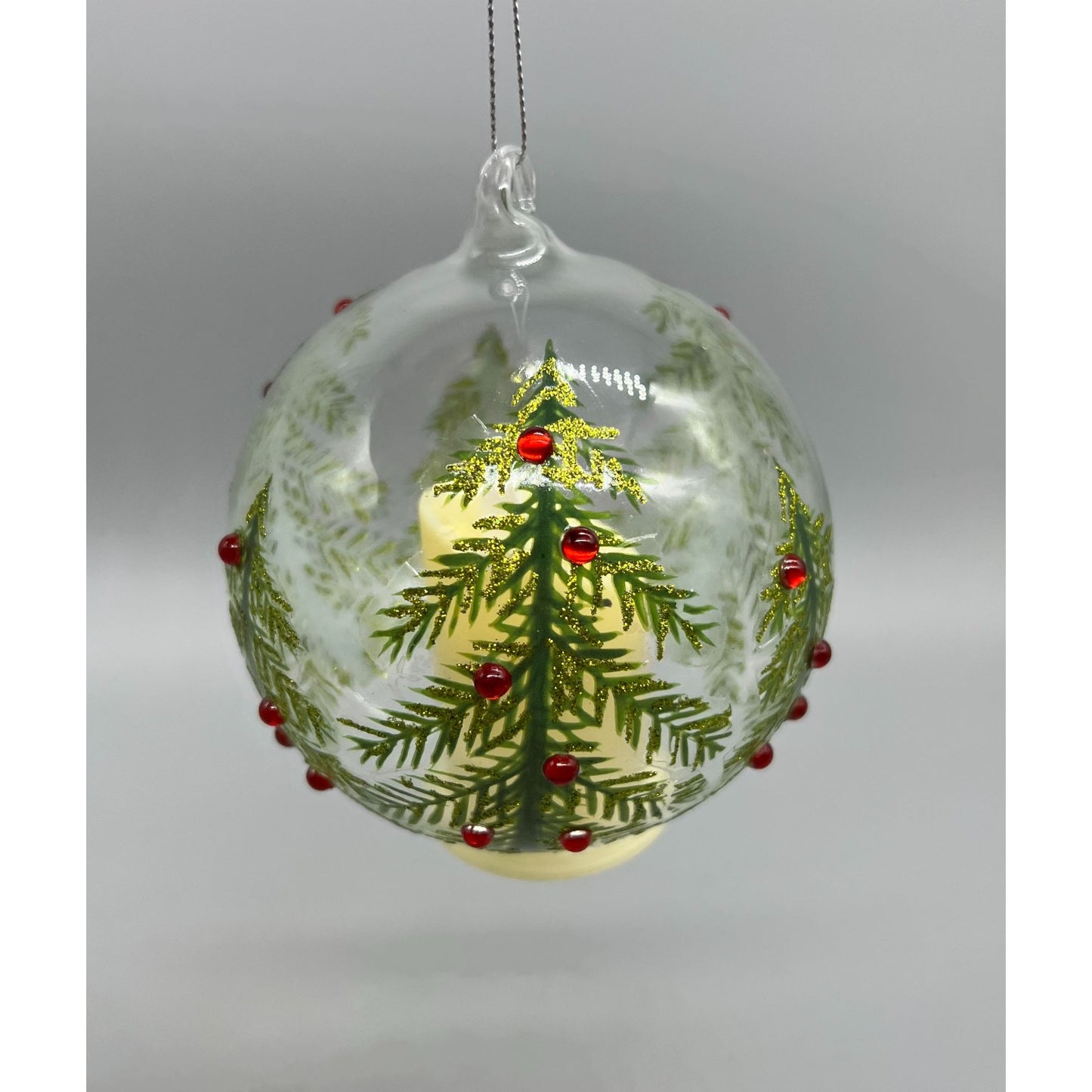 Hand Painted Glass Christmas Ornament With LED Flicker Candle & Red Rhinestones 4" Diameter