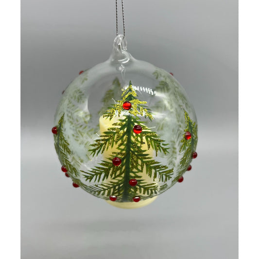 Hand Painted Glass Christmas Ornament With LED Flicker Candle & Red Rhinestones 4" Diameter