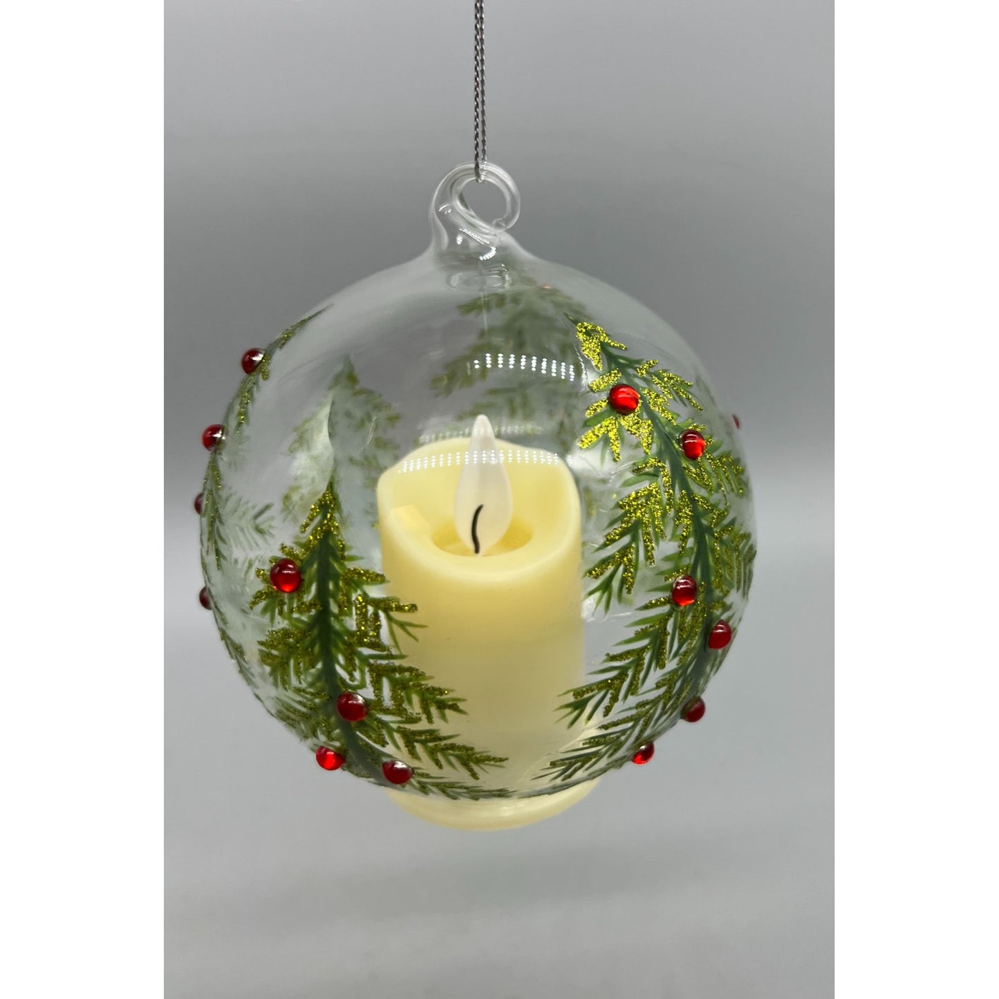 Hand Painted Glass Christmas Ornament With LED Flicker Candle & Red Rhinestones 4" Diameter