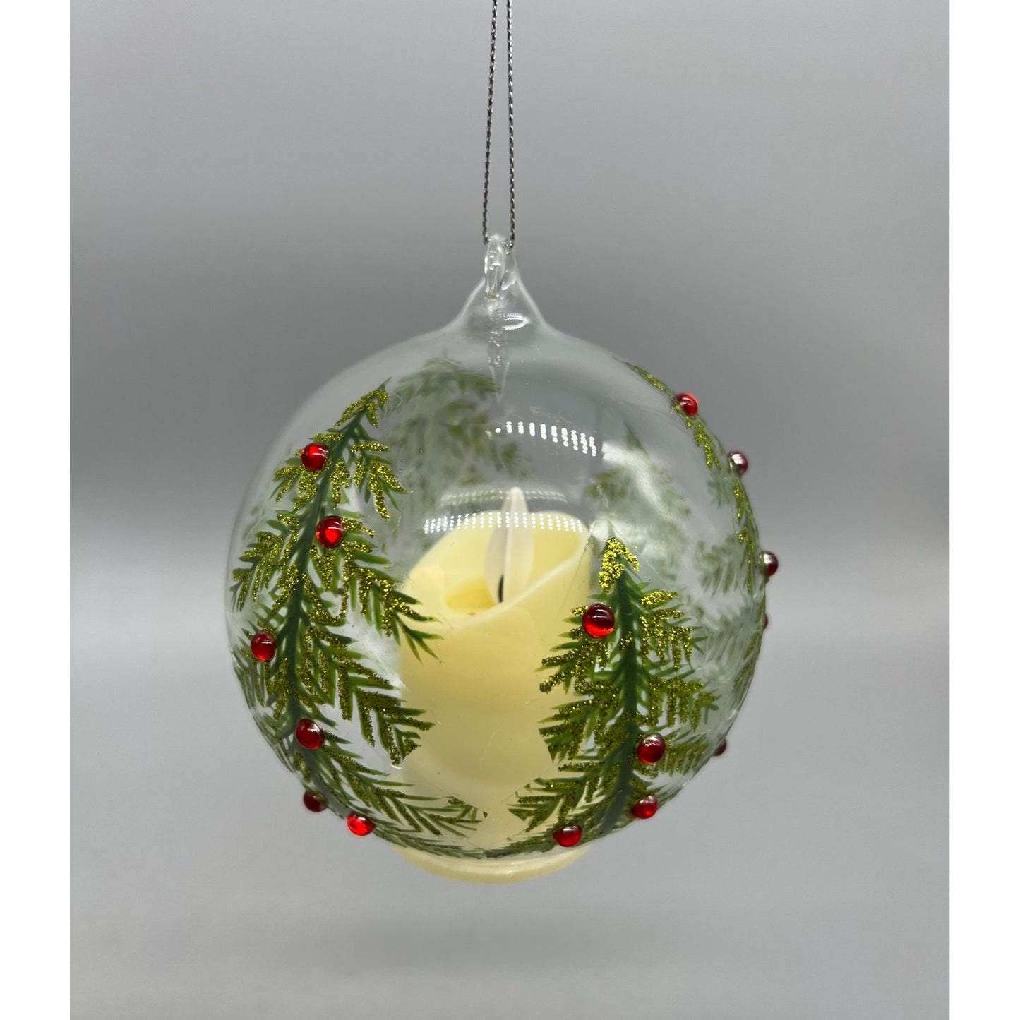 Hand Painted Glass Christmas Ornament With LED Flicker Candle & Red Rhinestones 4" Diameter