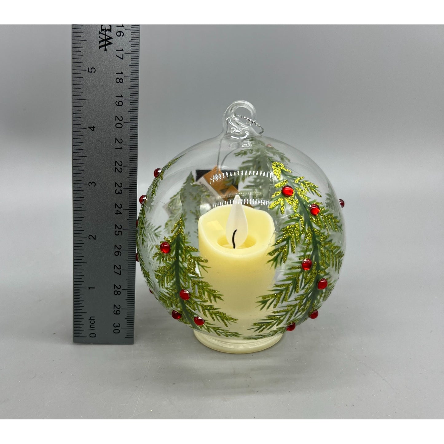 Hand Painted Glass Christmas Ornament With LED Flicker Candle & Red Rhinestones 4" Diameter