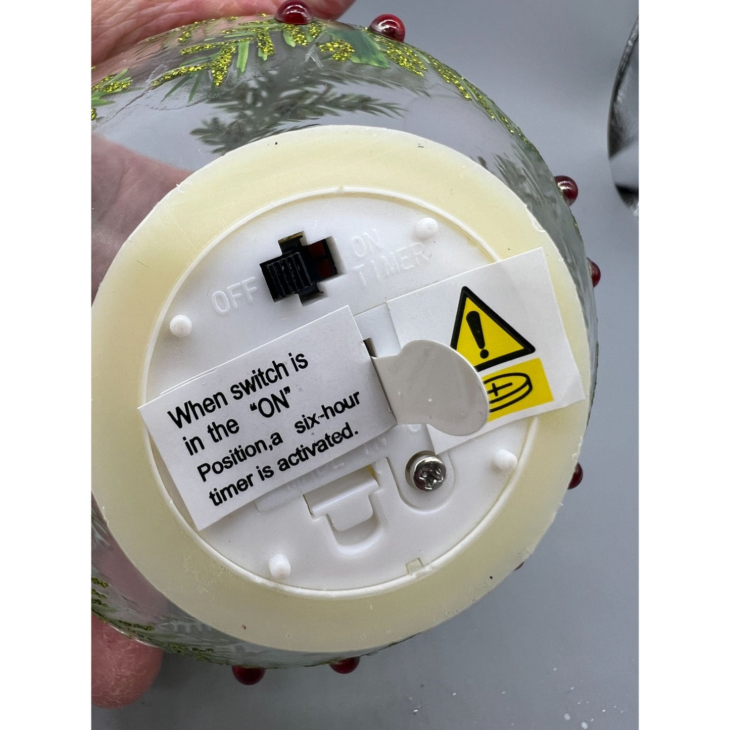 Hand Painted Glass Christmas Ornament With LED Flicker Candle & Red Rhinestones 4" Diameter