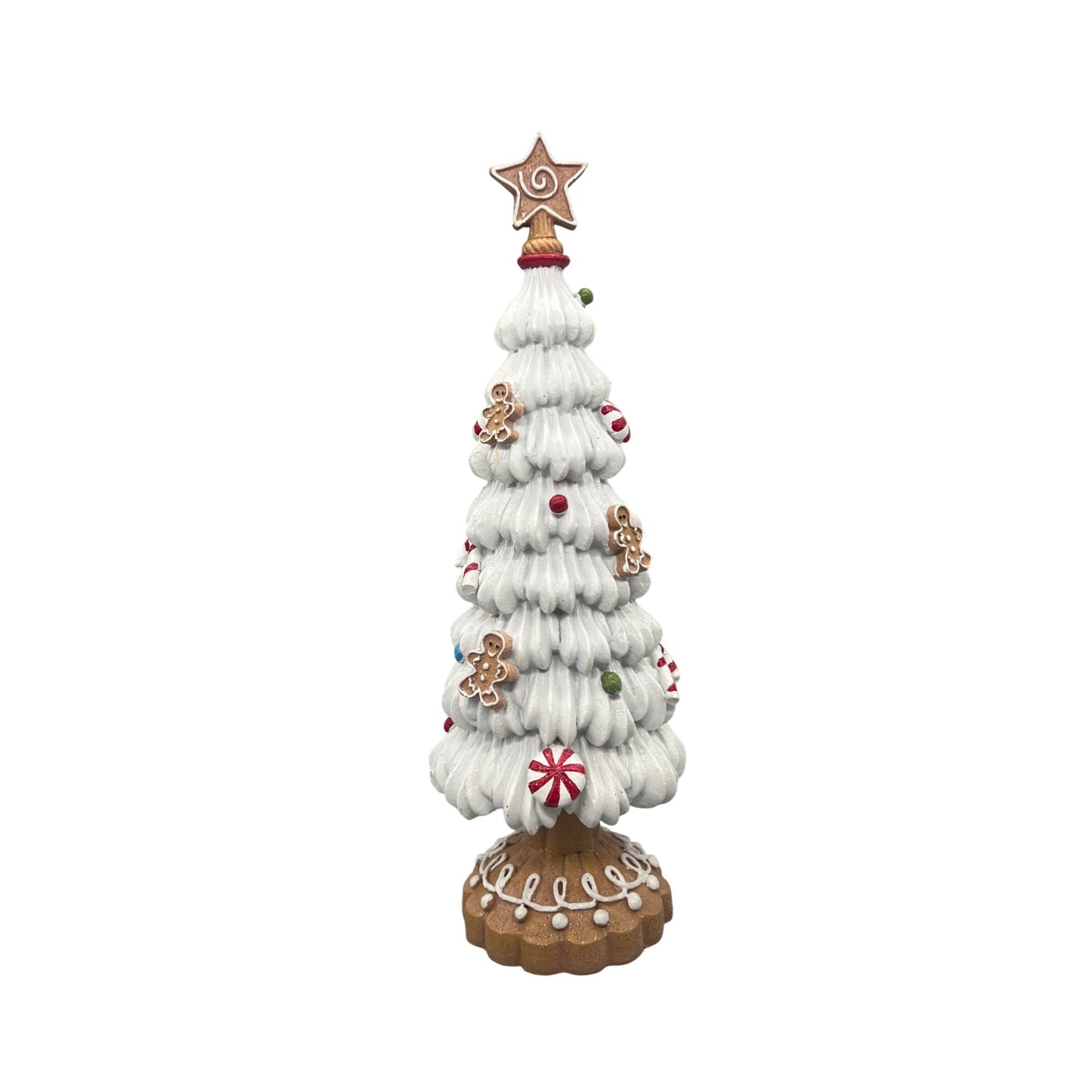 Gingerbread-Inspired White Christmas Tree Decor With Star Topper & Candy Accents 12”