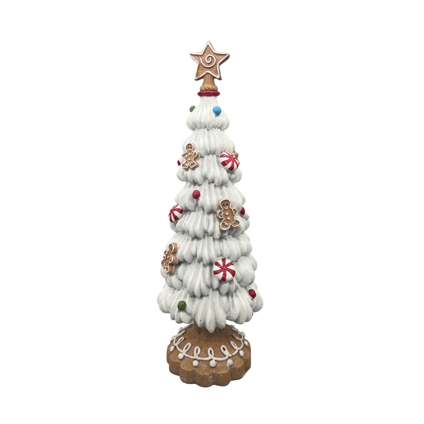 Gingerbread-Inspired White Christmas Tree Decor With Star Topper & Candy Accents 12”