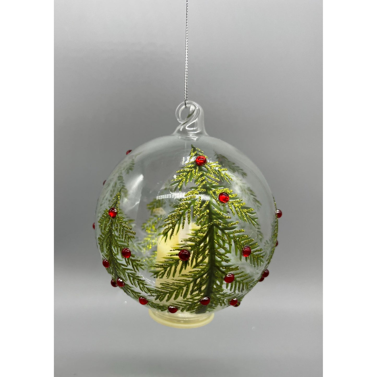 Hand Decorated Glass Christmas Ornament With LED Flicker Candle 4.75" Tree & Rhinestone Design
