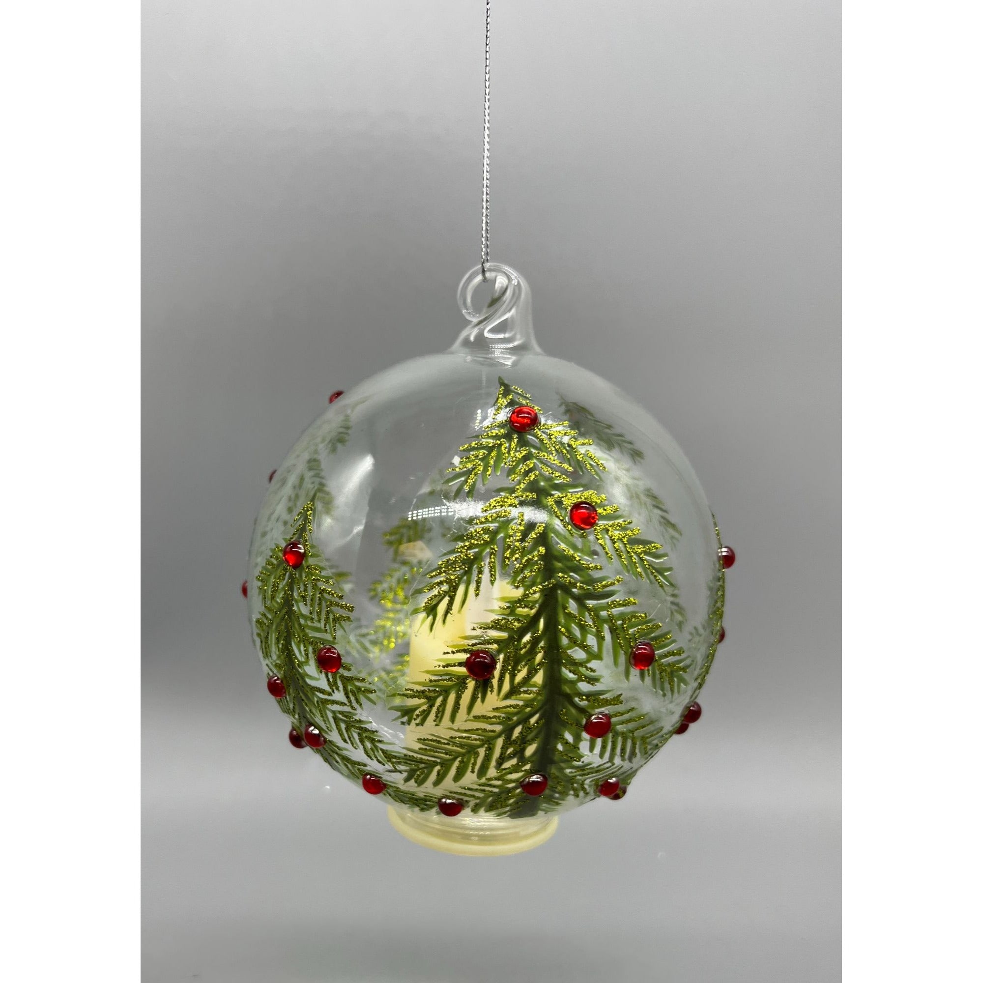 Hand Decorated Glass Christmas Ornament With LED Flicker Candle 4.75" Tree & Rhinestone Design
