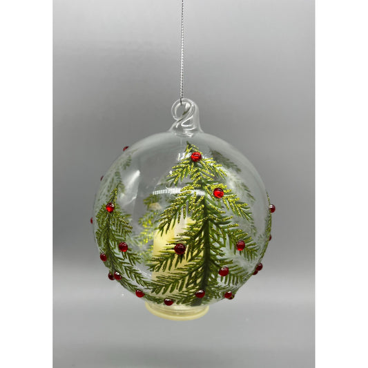 Hand Decorated Glass Christmas Ornament With LED Flicker Candle 4.75" Tree & Rhinestone Design