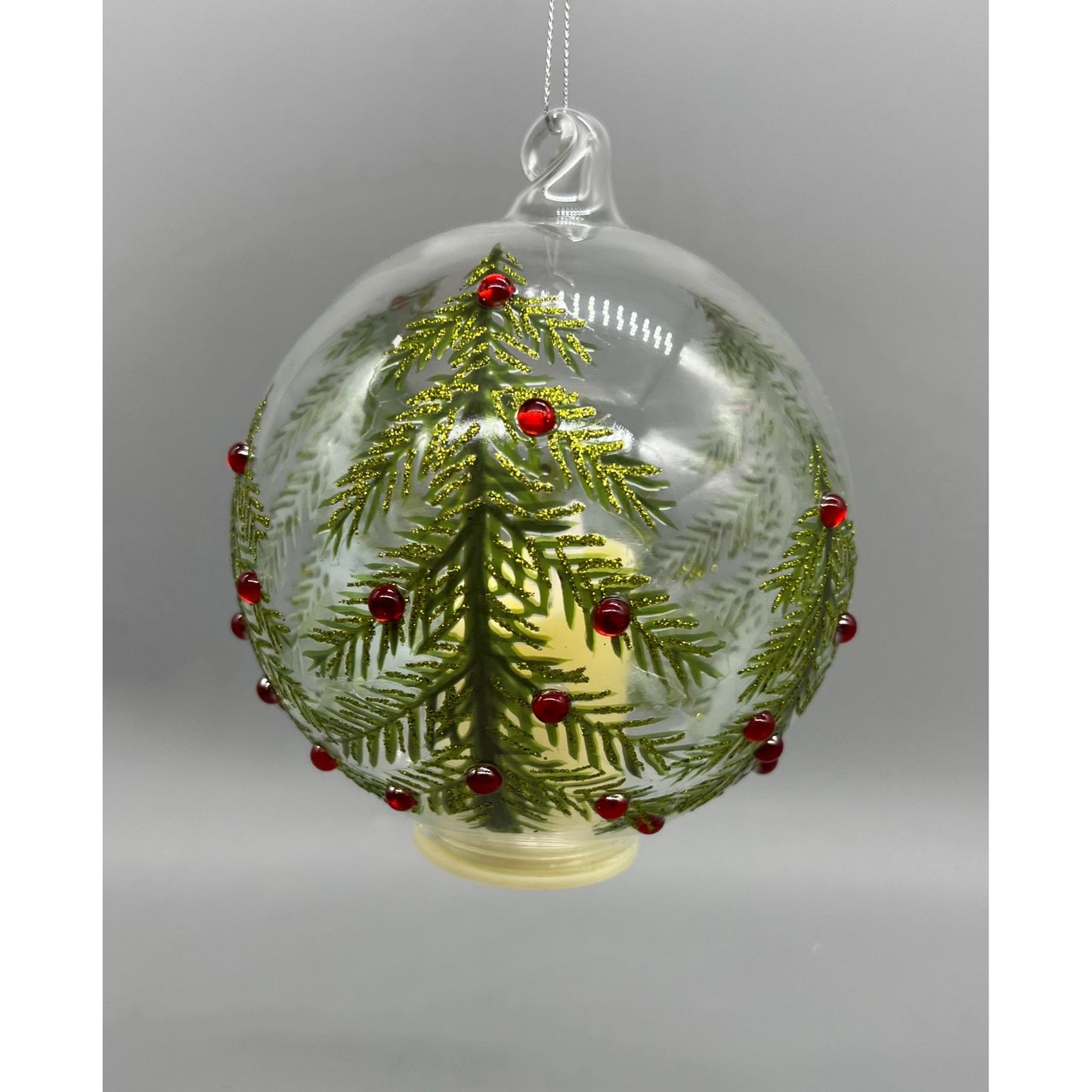 Hand Decorated Glass Christmas Ornament With LED Flicker Candle 4.75" Tree & Rhinestone Design