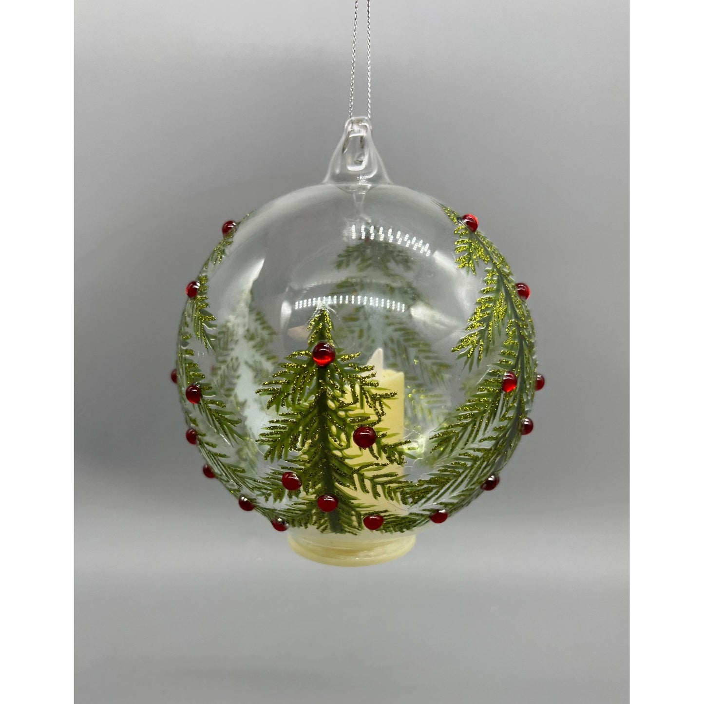 Hand Decorated Glass Christmas Ornament With LED Flicker Candle 4.75" Tree & Rhinestone Design