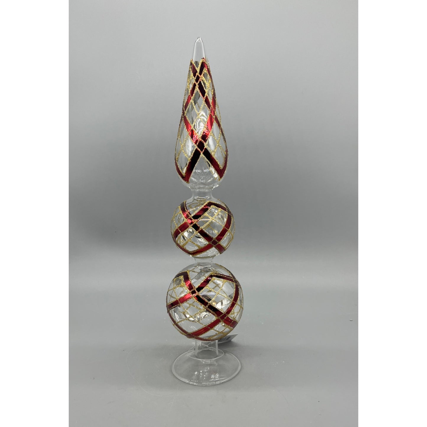 14 Inch Clear Glass Two Ball Finial W/Burgundy & Gold Accents