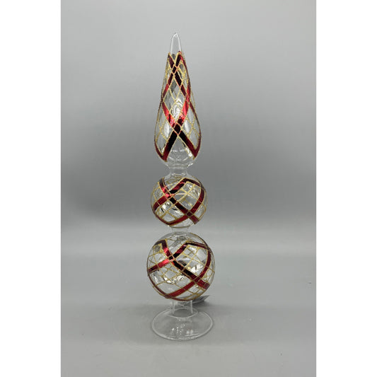 14 Inch Clear Glass Two Ball Finial W/Burgundy & Gold Accents