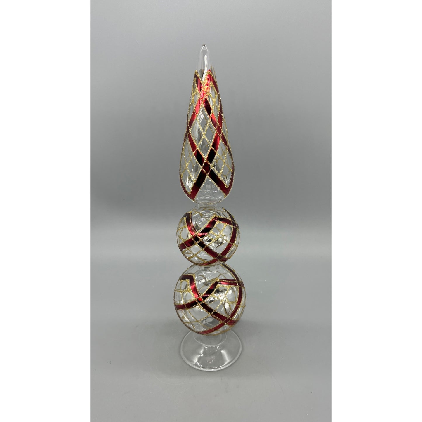 14 Inch Clear Glass Two Ball Finial W/Burgundy & Gold Accents