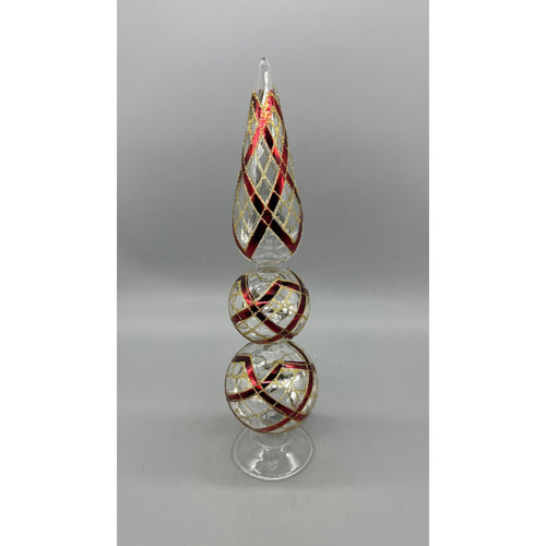 14 Inch Clear Glass Two Ball Finial W/Burgundy & Gold Accents