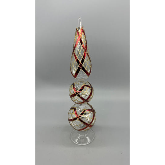 14 Inch Clear Glass Two Ball Finial W/Burgundy & Gold Accents