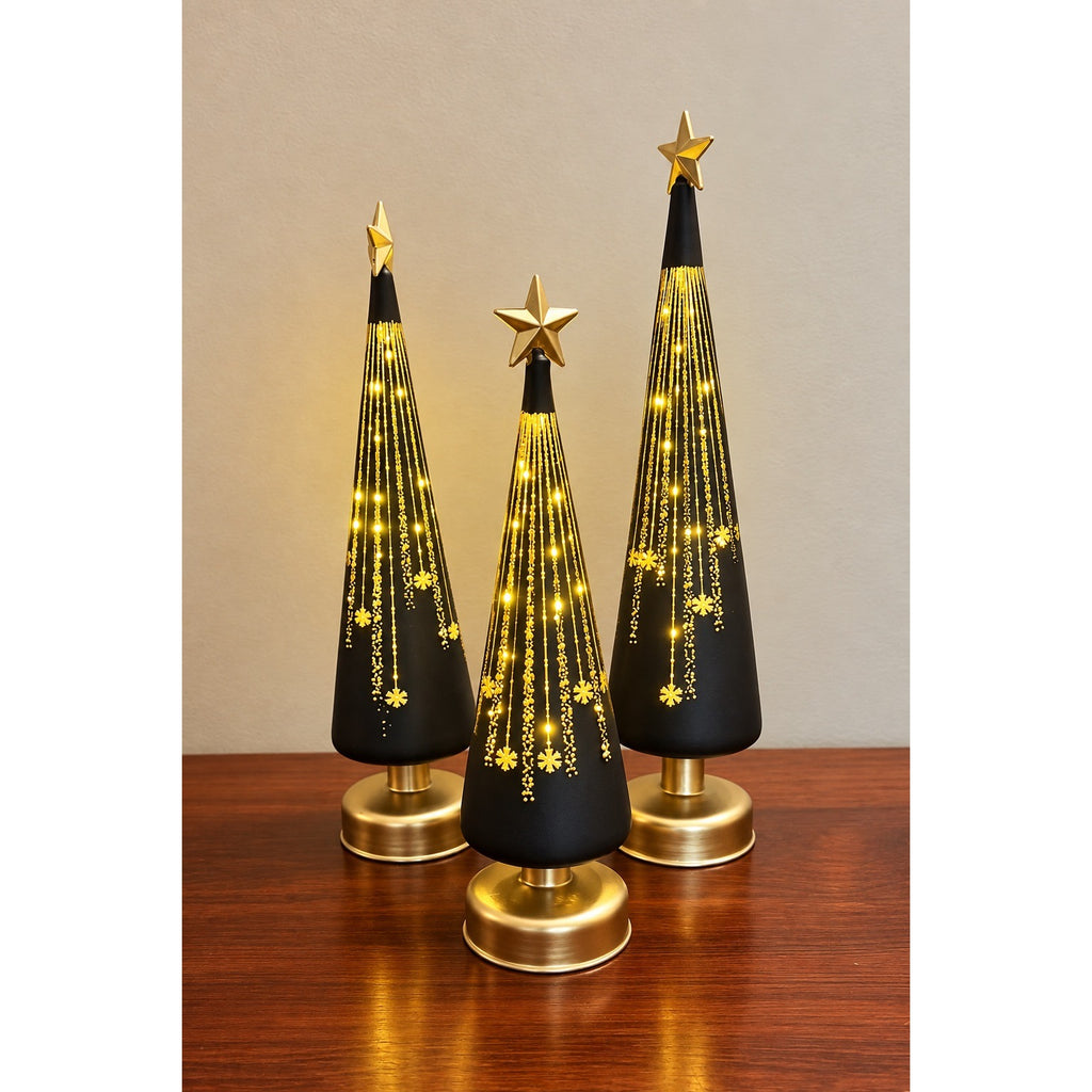 Set of 3 LED Lighted Glass Luminary Christmas Trees – Black & Gold with Star Toppers, With Timer