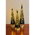 Set of 3 LED Lighted Glass Luminary Christmas Trees – Black & Gold with Star Toppers, With Timer