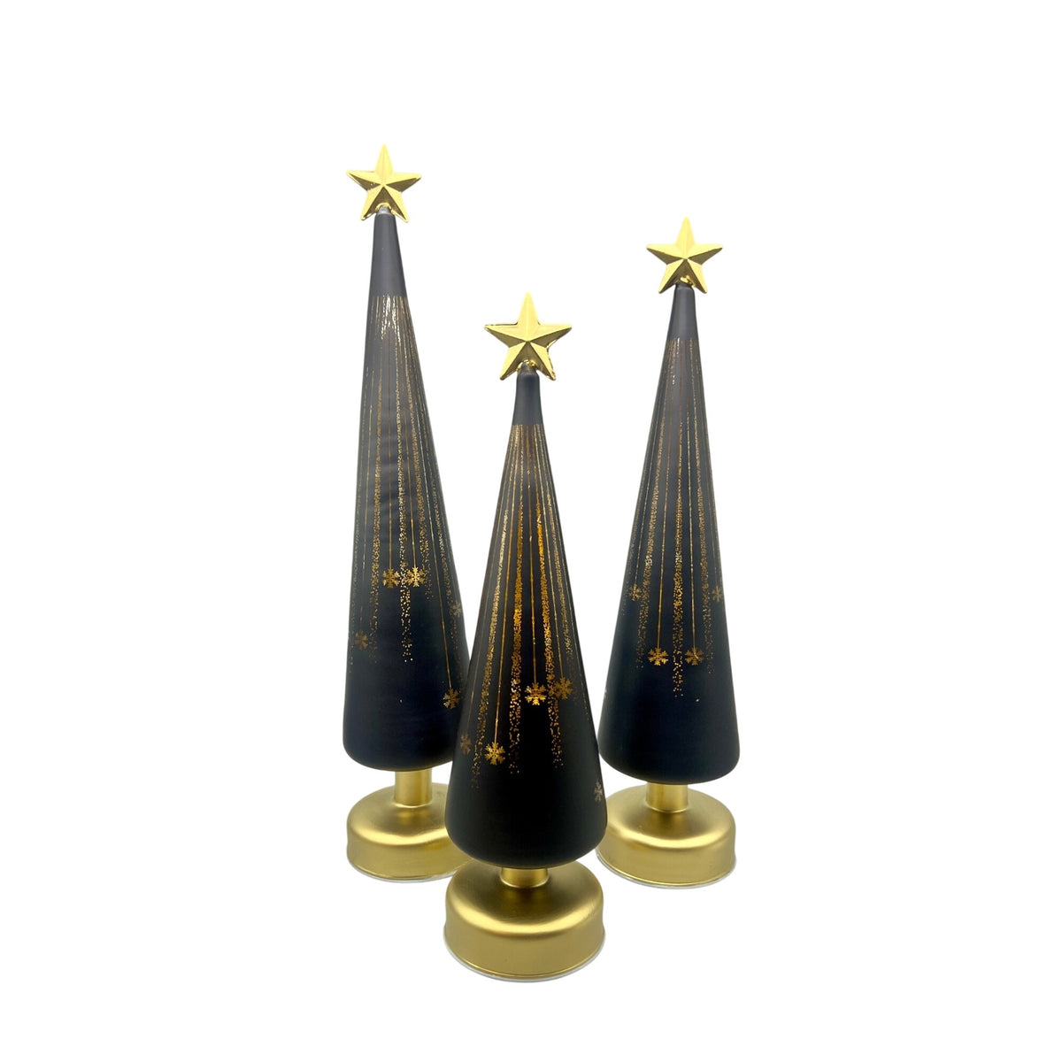 Set of 3 LED Lighted Glass Luminary Christmas Trees – Black & Gold with Star Toppers, With Timer