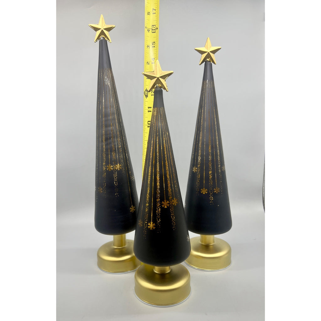 Set of 3 LED Lighted Glass Luminary Christmas Trees – Black & Gold with Star Toppers, With Timer