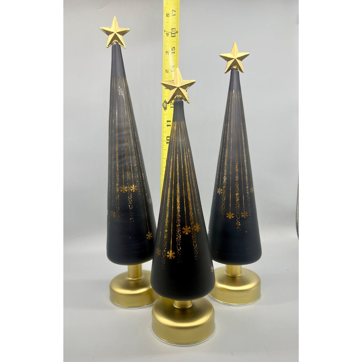 Set of 3 LED Lighted Glass Luminary Christmas Trees – Black & Gold with Star Toppers, With Timer