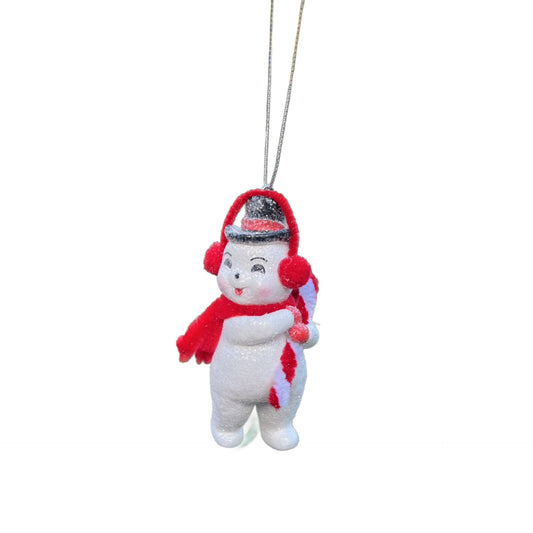 Retro Snowman Ornament With Red Scarf & Candy Cane 4" Hanging Holiday Decoration