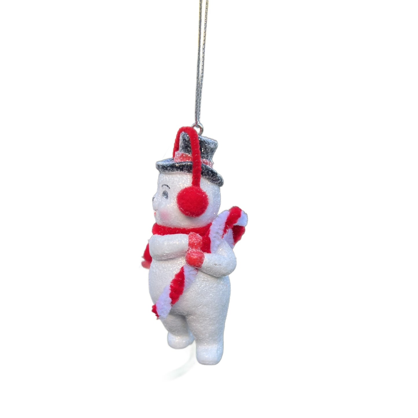 Retro Snowman Ornament With Red Scarf & Candy Cane 4" Hanging Holiday Decoration