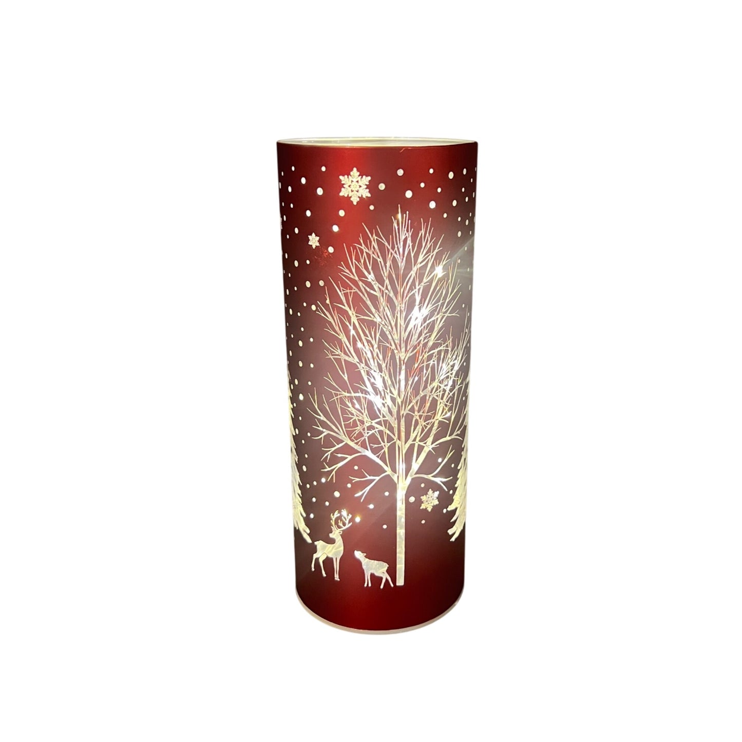 Red Laser Engraved Winter Scene LED Cylinder With Deer & Snowflakes Design 6" Tall