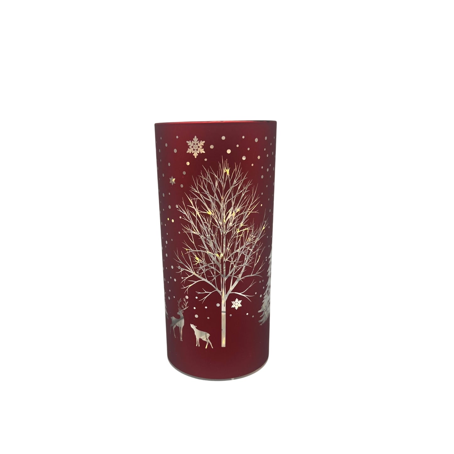 Red Laser Engraved Winter Scene LED Cylinder With Deer & Snowflakes Design 6" Tall