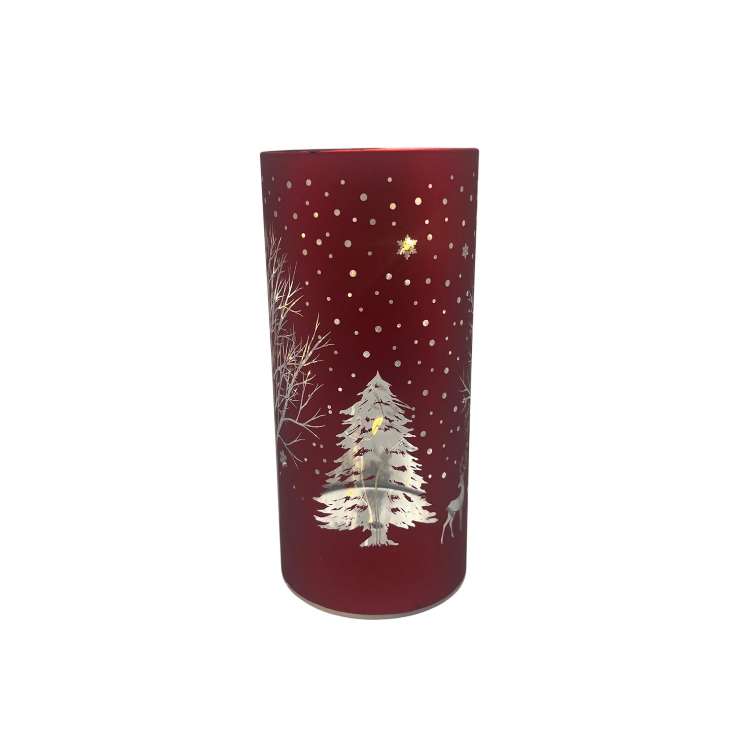 Red Laser Engraved Winter Scene LED Cylinder With Deer & Snowflakes Design 6" Tall