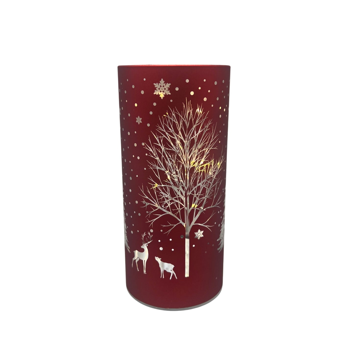 Red Laser Engraved Winter Scene LED Cylinder With Deer & Snowflakes Design 6" Tall