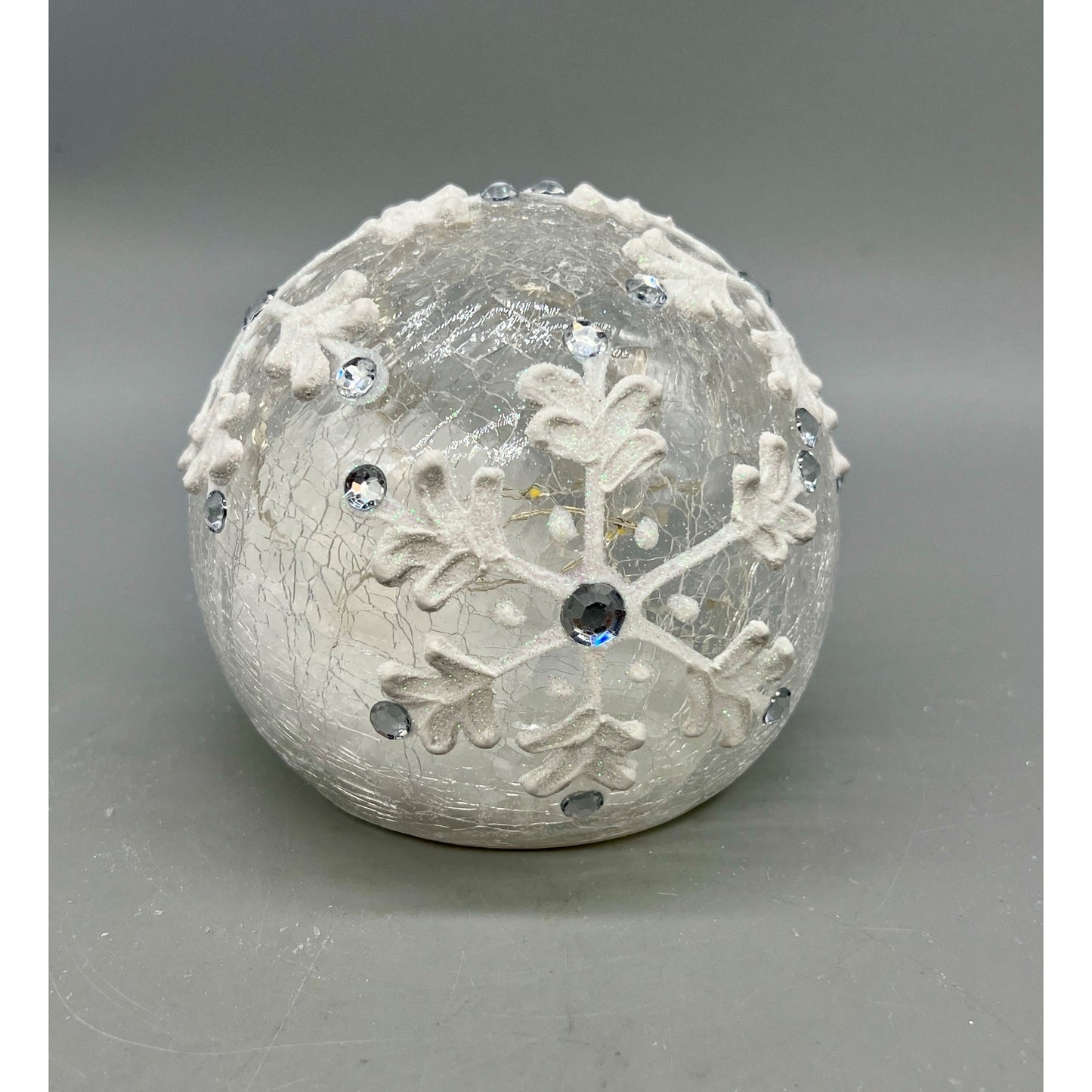 Snowflake Glass LED Tabletop Light Globe With Crackle Finish & Acrylic Details 4.5" Diameter