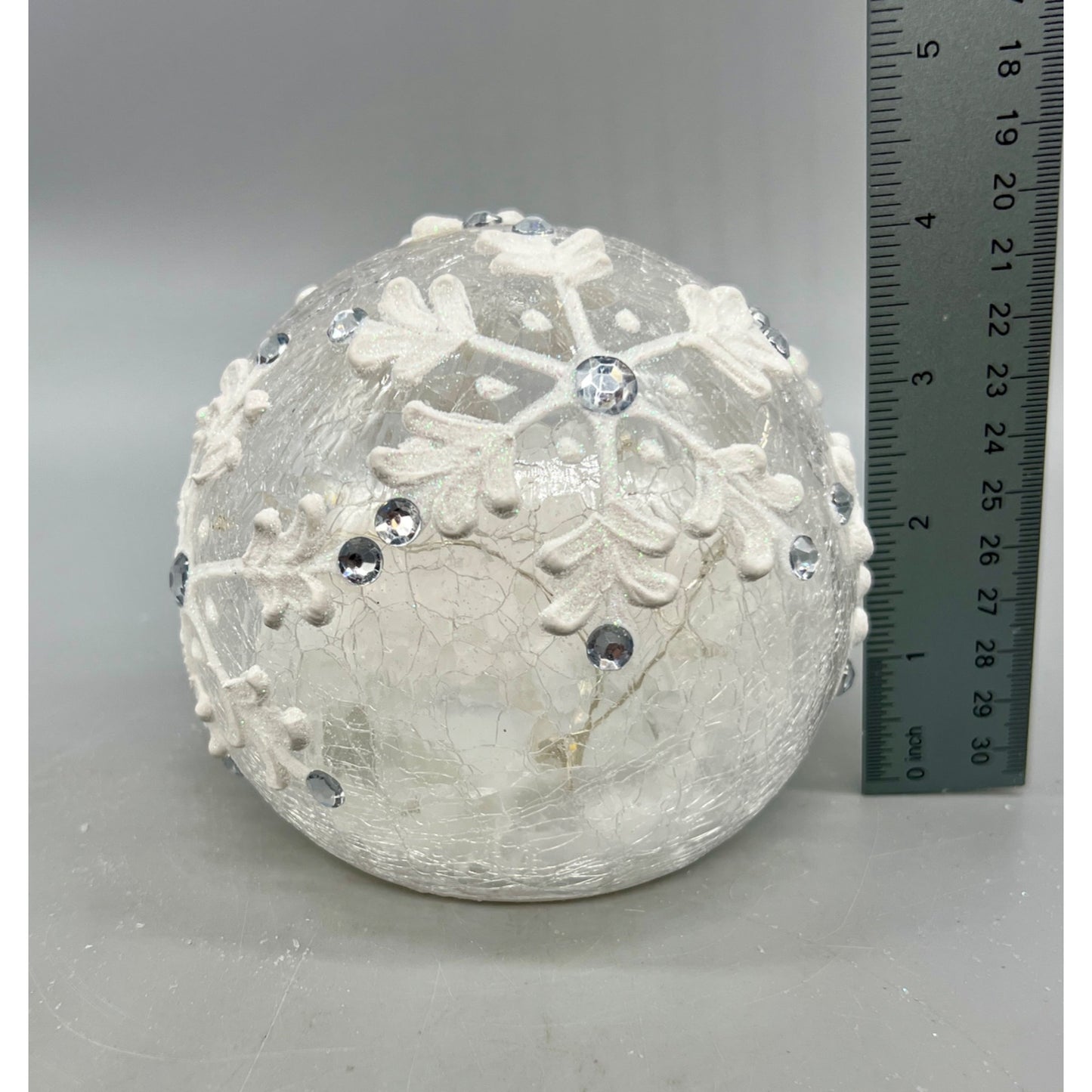 Snowflake Glass LED Tabletop Light Globe With Crackle Finish & Acrylic Details 4.5" Diameter