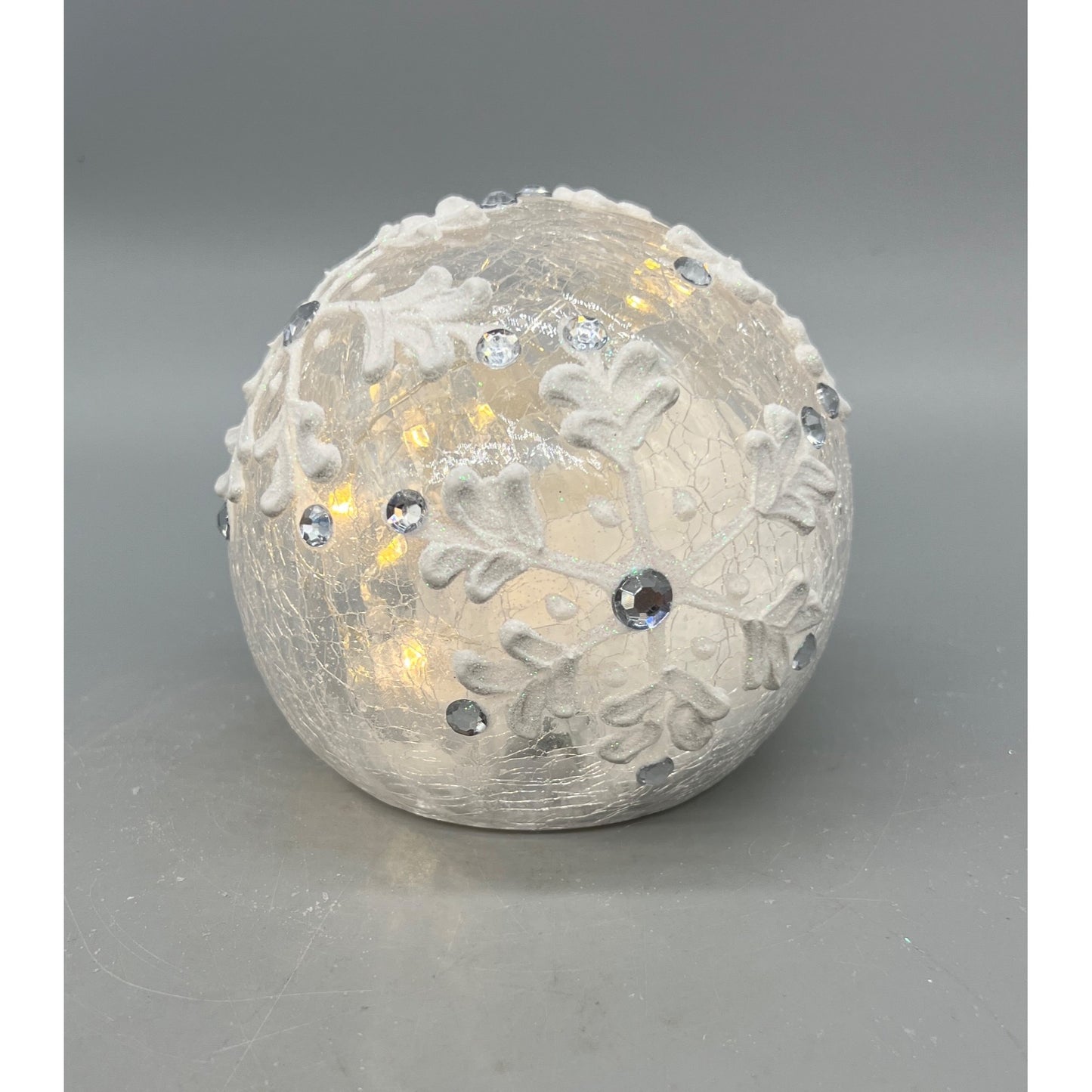 Snowflake Glass LED Tabletop Light Globe With Crackle Finish & Acrylic Details 4.5" Diameter