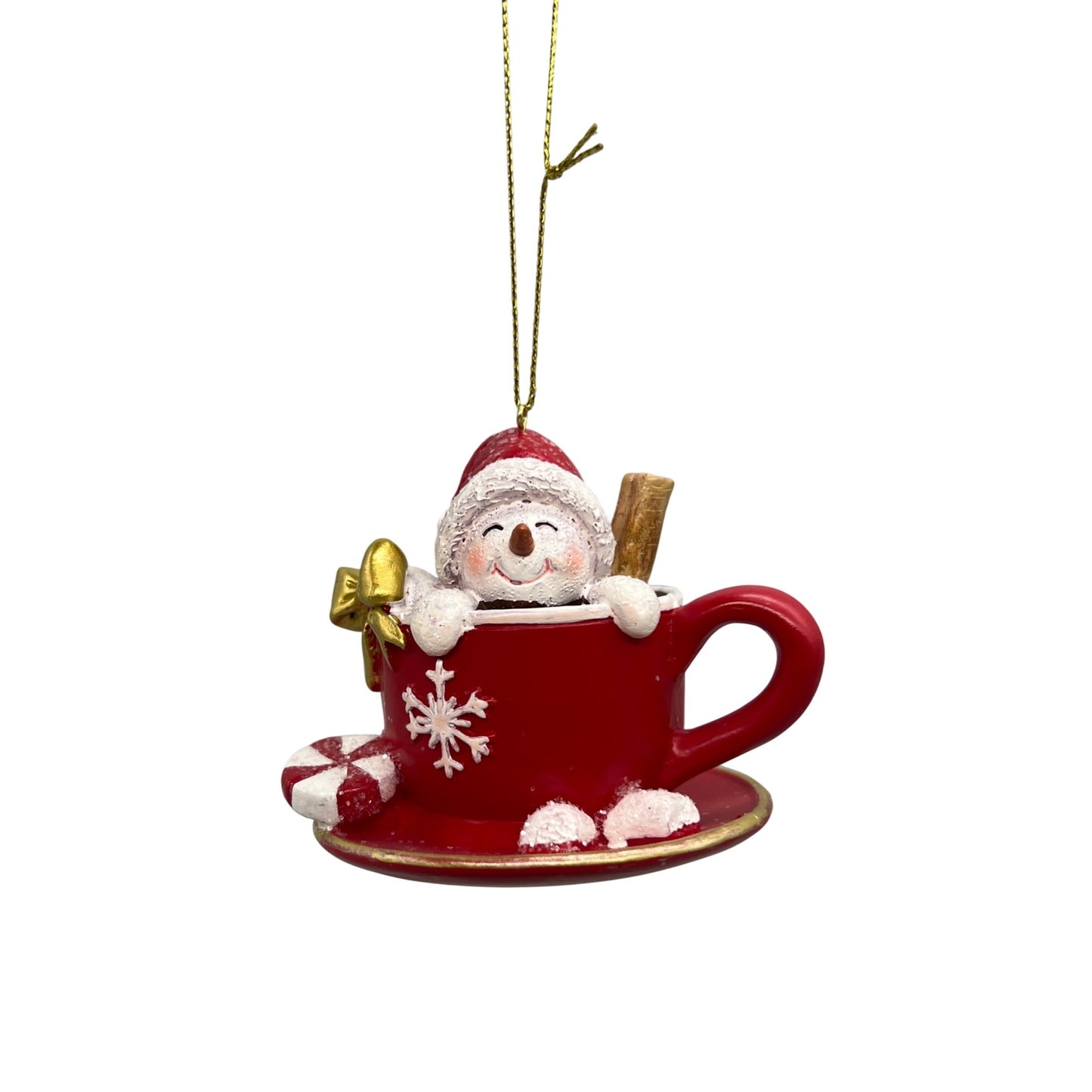 Snowman Teacup Ornament With Gold Accents & Cinnamon Stick 3.5” Red White Christmas Decor Giftable Holiday Charm