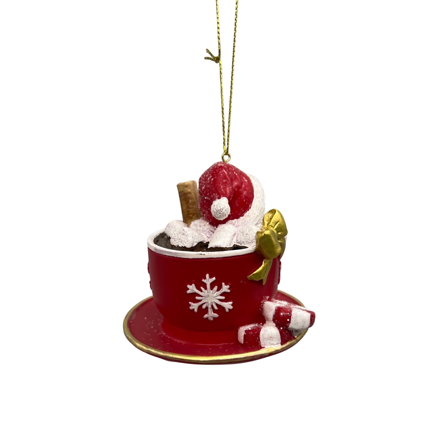 Snowman Teacup Ornament With Gold Accents & Cinnamon Stick 3.5” Red White Christmas Decor Giftable Holiday Charm