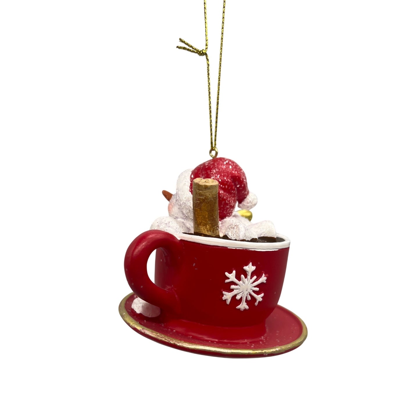 Snowman Teacup Ornament With Gold Accents & Cinnamon Stick 3.5” Red White Christmas Decor Giftable Holiday Charm