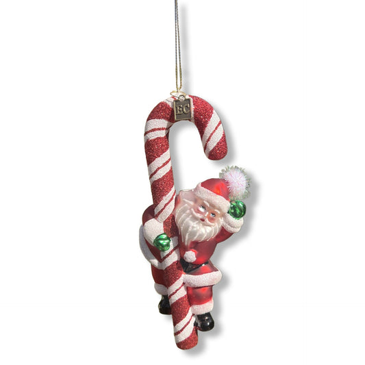 Santa Holding Candy Cane Glass Ornament 6.75" Red & White Christmas Decoration