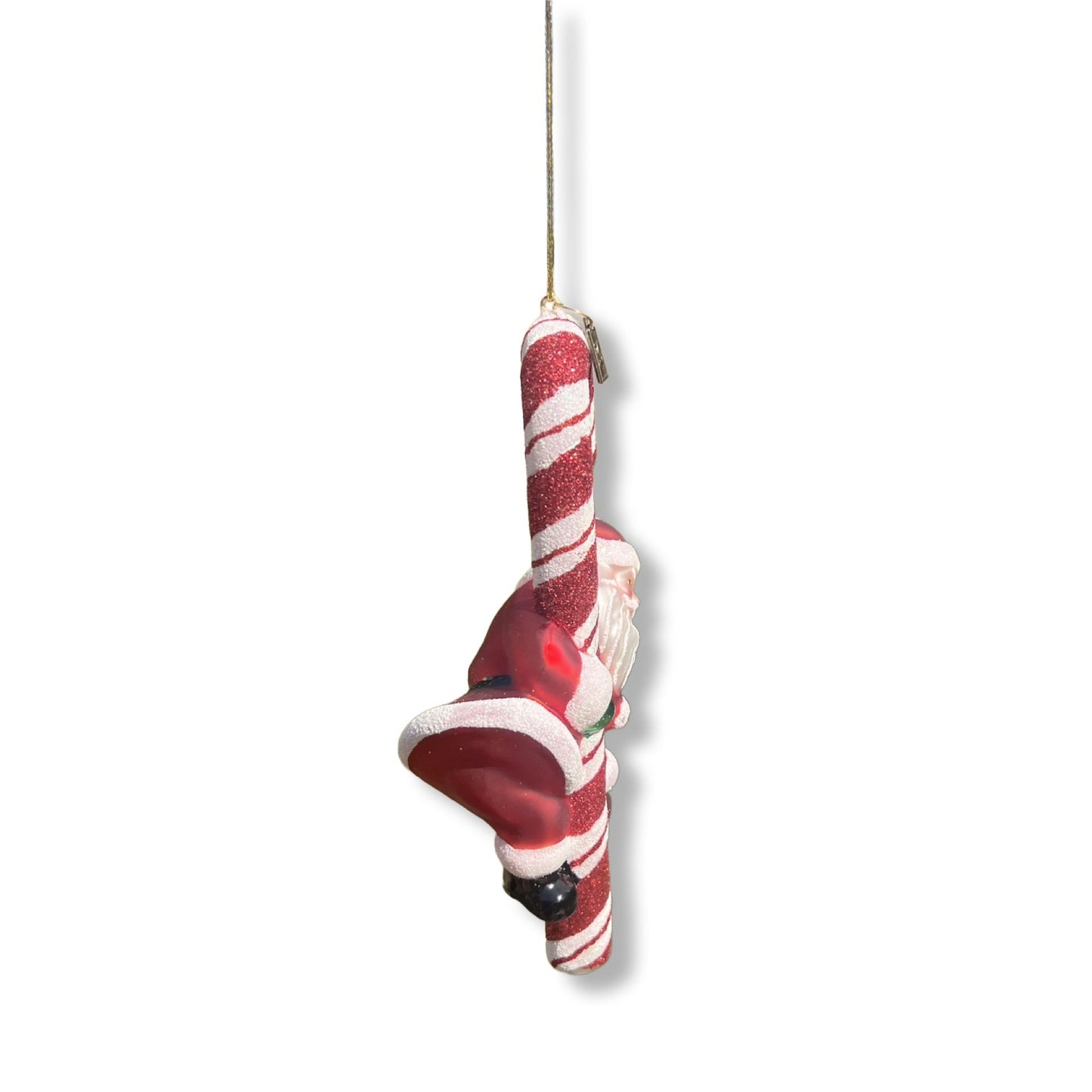 Santa Holding Candy Cane Glass Ornament 6.75" Red & White Christmas Decoration