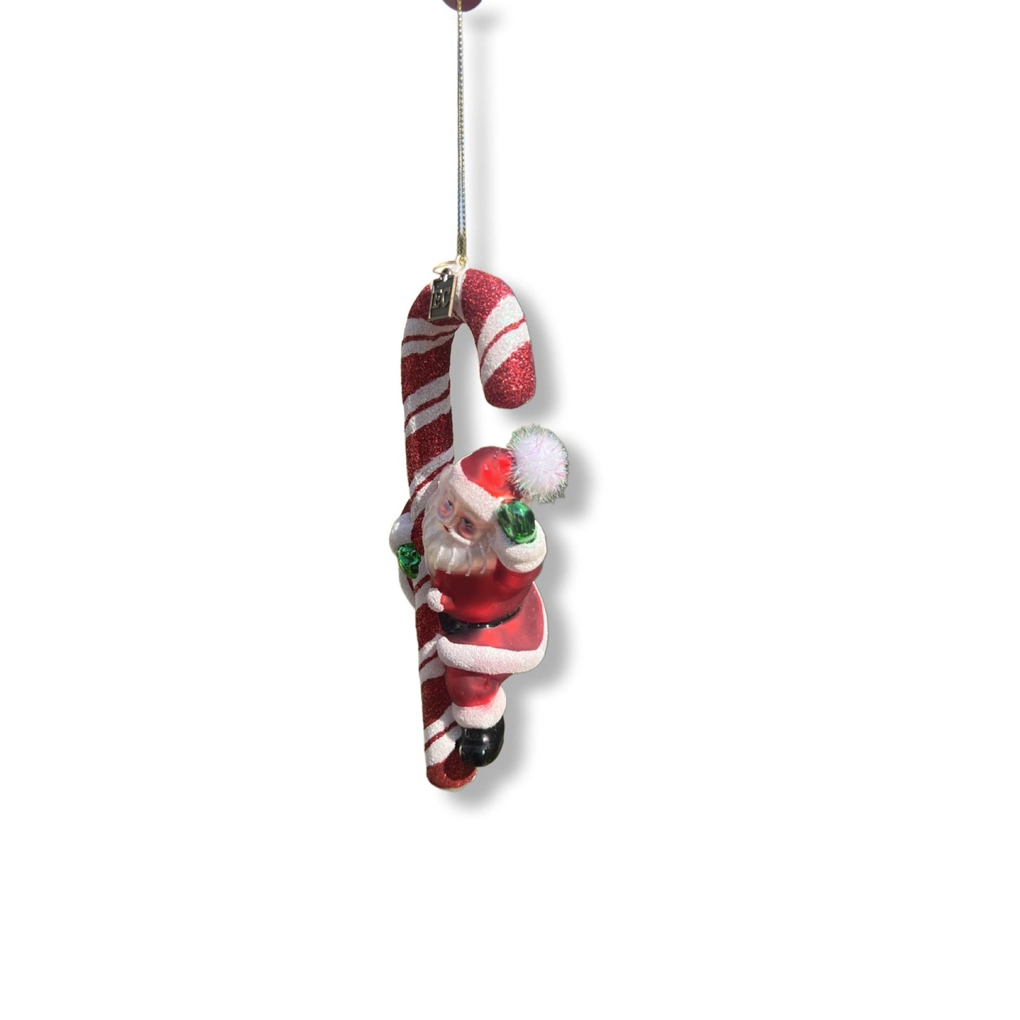 Santa Holding Candy Cane Glass Ornament 6.75" Red & White Christmas Decoration