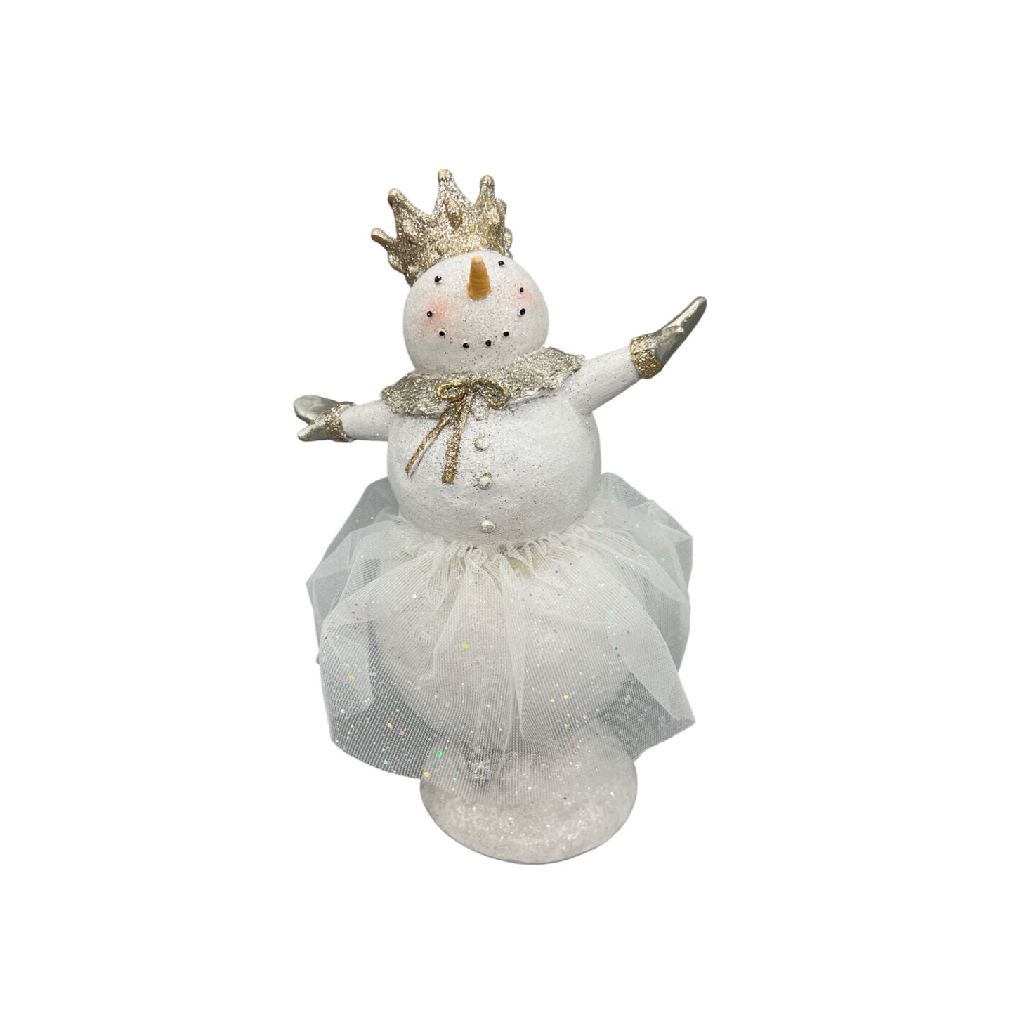 Glitter Snow Lady Ballerina Figurine With Gold Crown & Tulle Skirt - 9" Hand Decorated