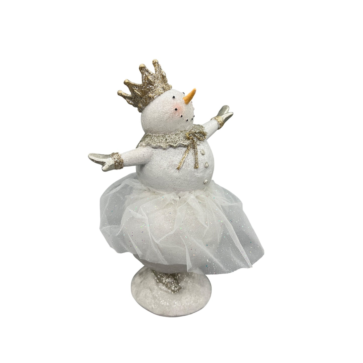Glitter Snow Lady Ballerina Figurine With Gold Crown & Tulle Skirt - 9" Hand Decorated