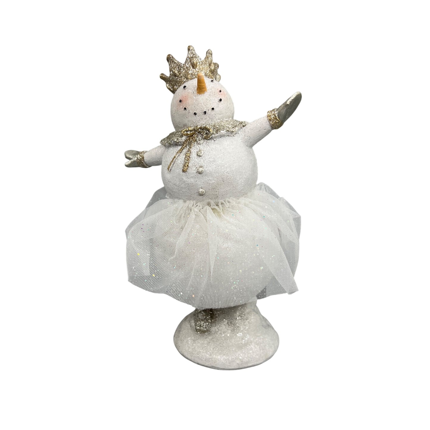 Glitter Snow Lady Ballerina Figurine With Gold Crown & Tulle Skirt - 9" Hand Decorated