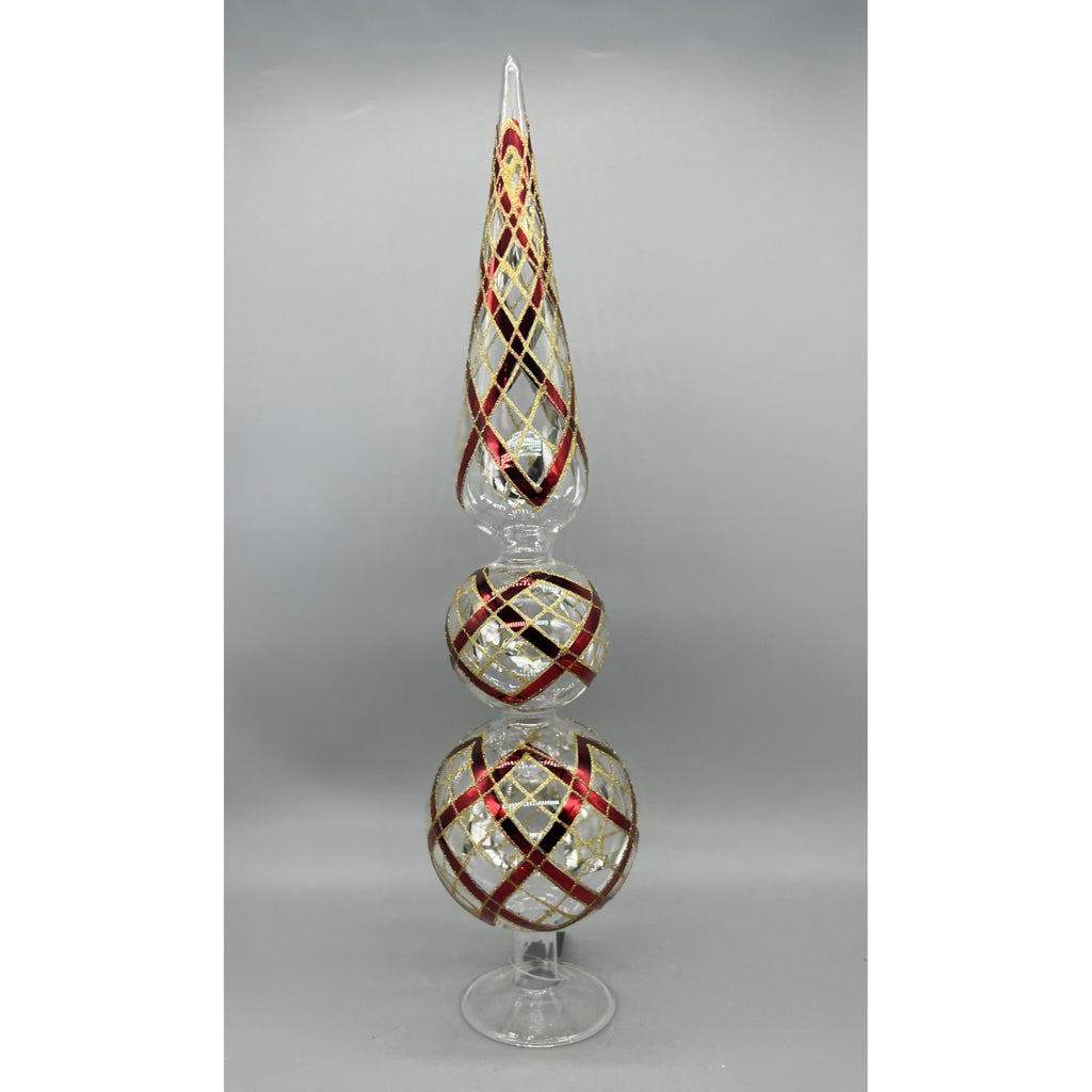 Clear Glass Two Ball Finial W/Burgundy & Gold Accents - 19 Inches