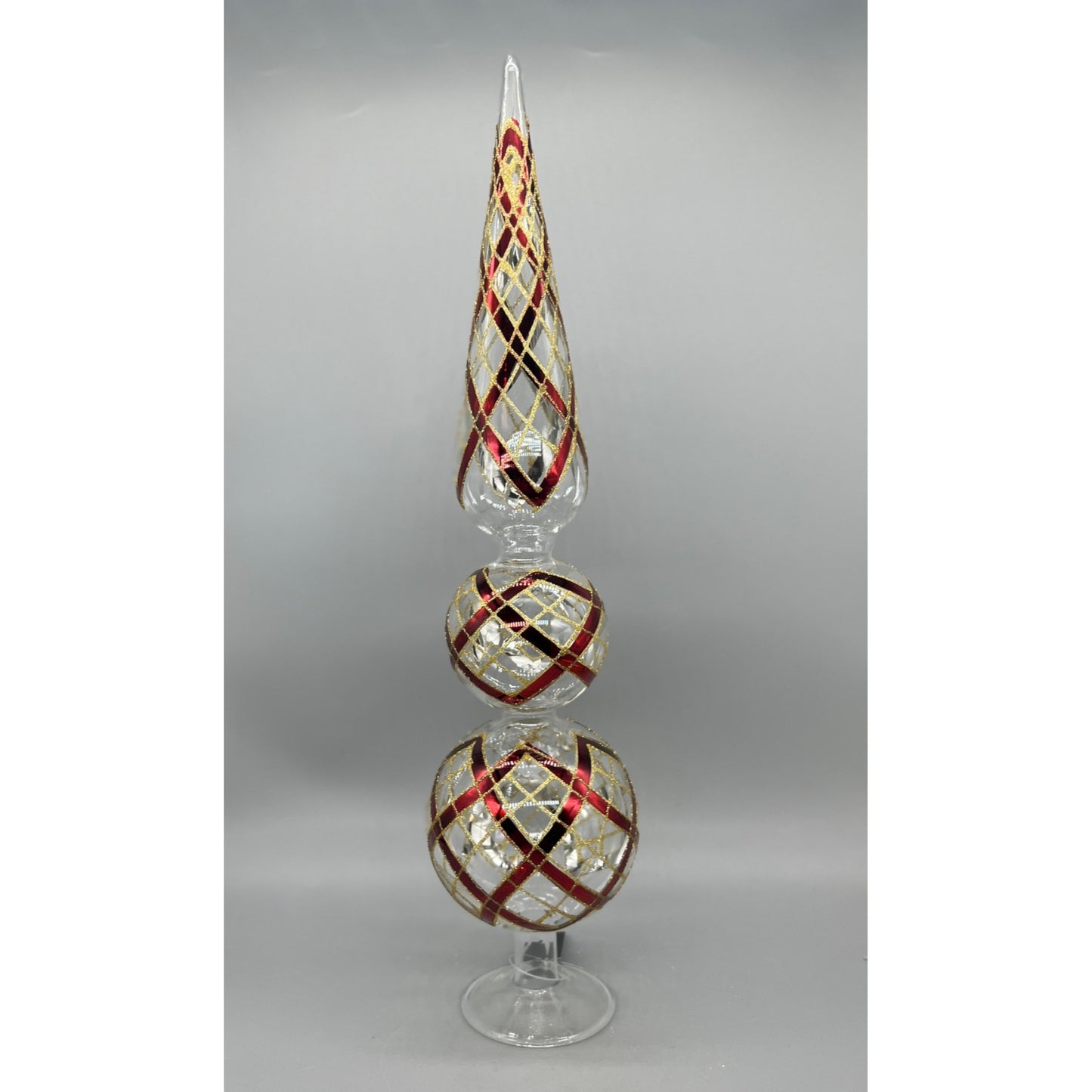 Clear Glass Two Ball Finial W/Burgundy & Gold Accents - 19 Inches