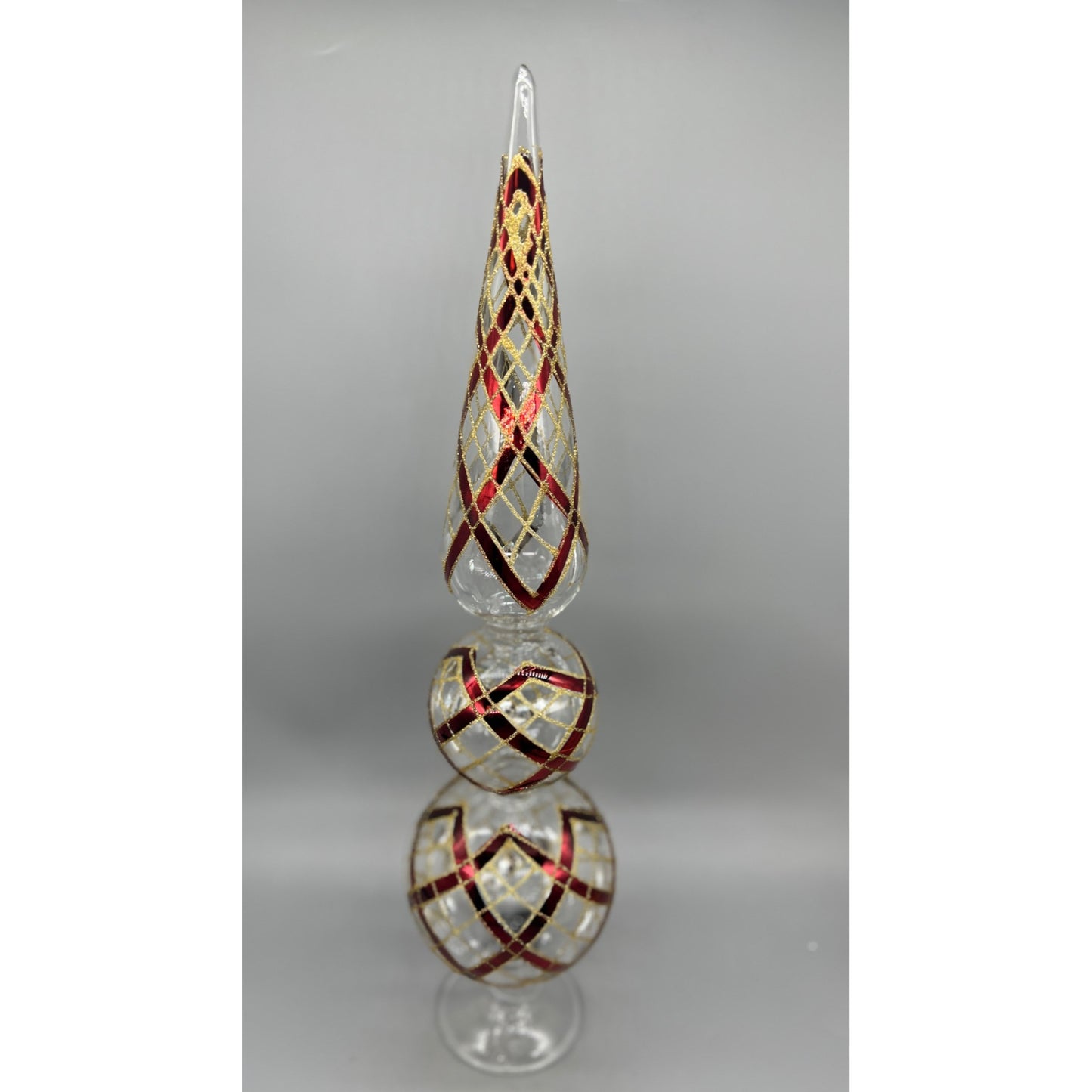 Clear Glass Two Ball Finial W/Burgundy & Gold Accents - 19 Inches