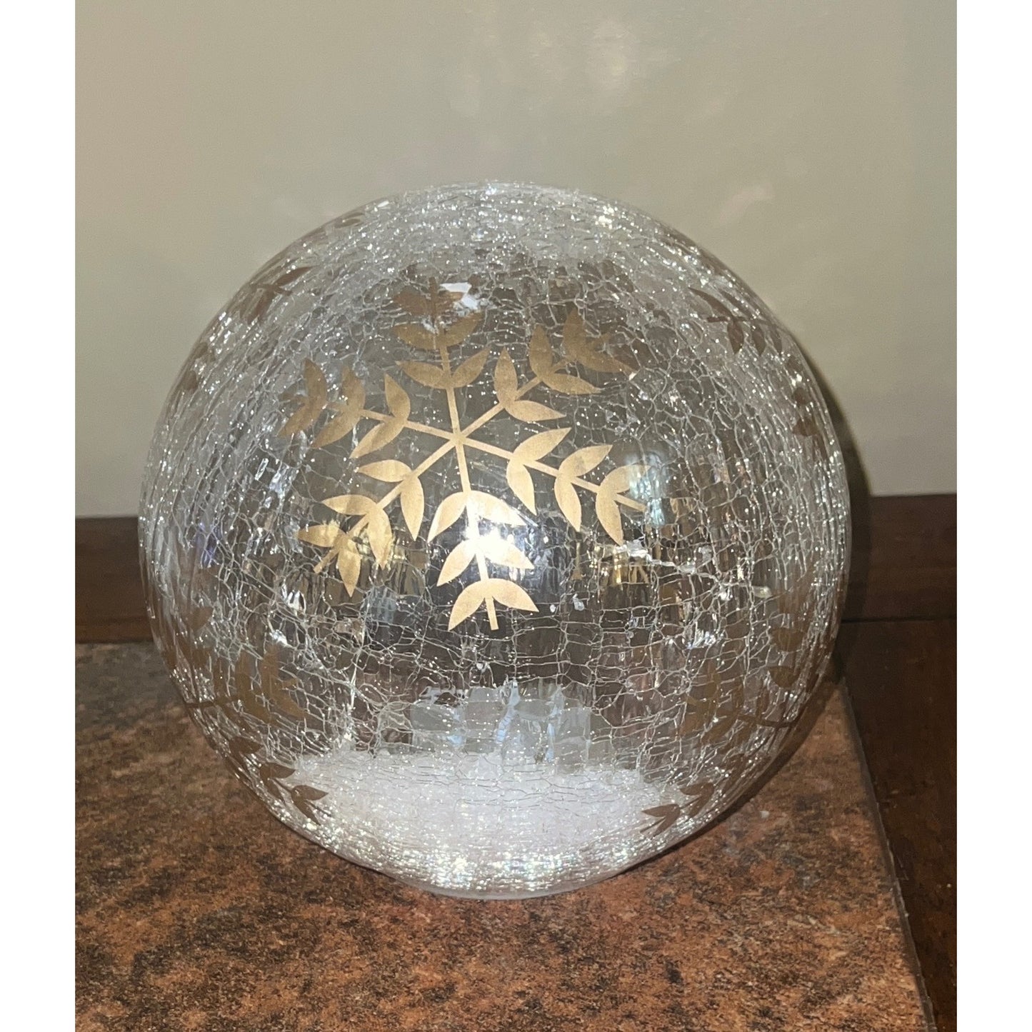 Handcrafted 6.5" Crackle Glass Globe With Hand-Painted Gold Snowflake Design & LED Lights