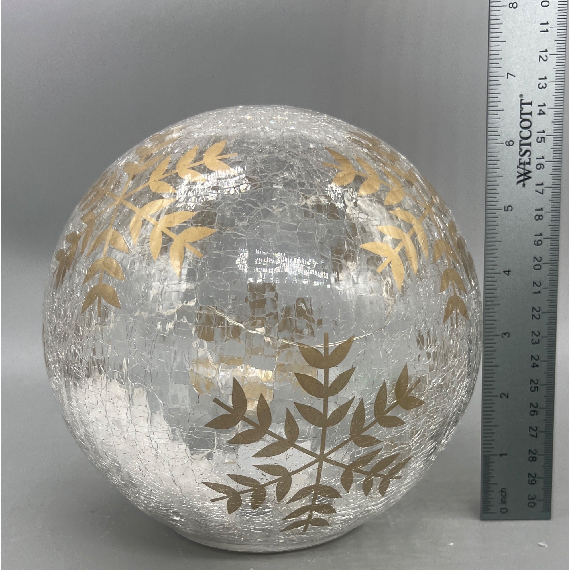 Handcrafted 6.5" Crackle Glass Globe With Hand-Painted Gold Snowflake Design & LED Lights